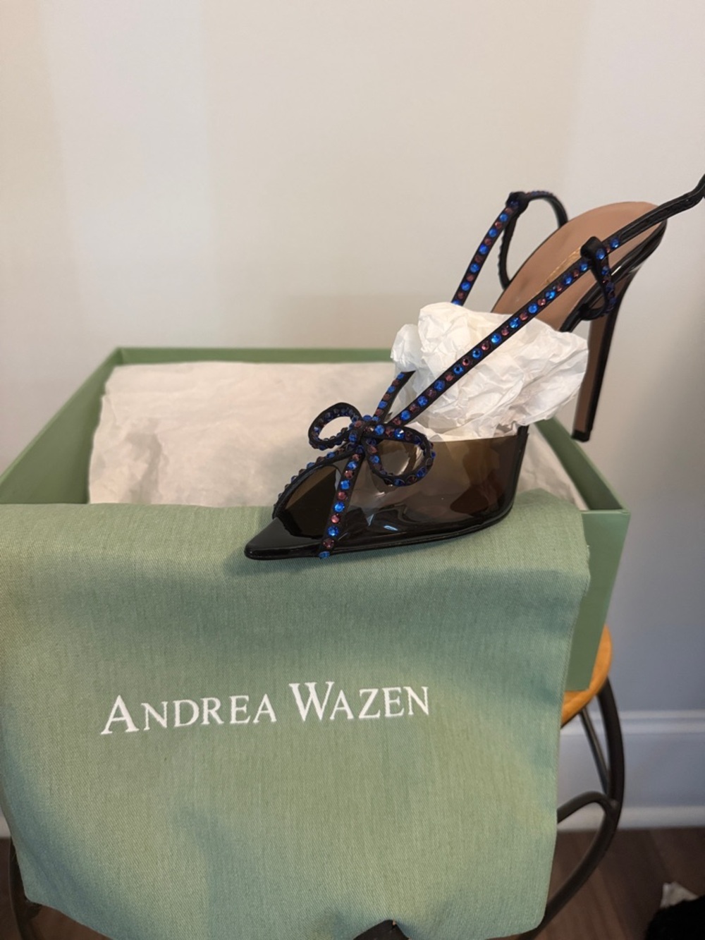 Andrea Wazen Patent Slingback Heels with Blue and Purple Swarovski Straps